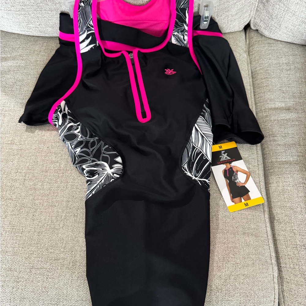 ZeroXposur Black Swimdress with Hot Pink Trim and Black-White Print